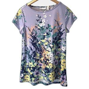 Susan Graver Floral Blouse Short Sleeve Lightweight Top Flowers Landscape pastel